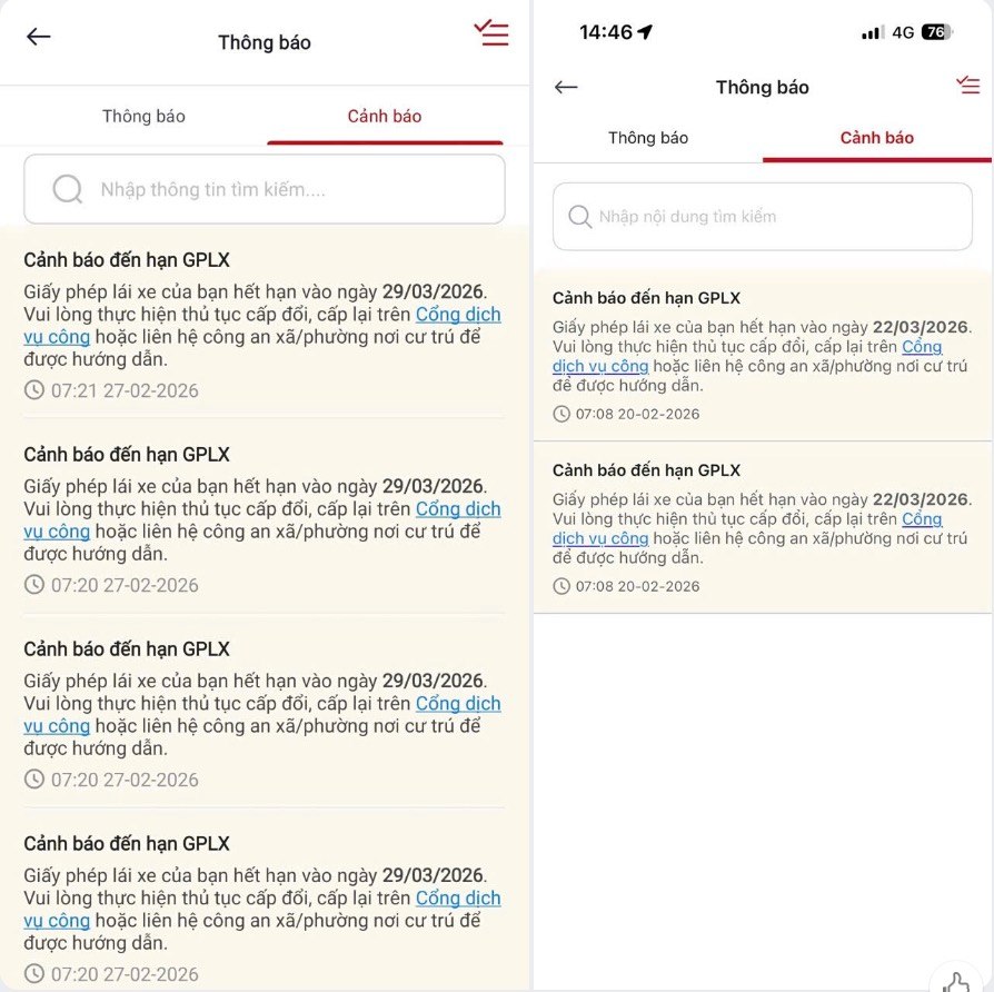Người dân nhận thông báo sắp hết hạn Giấy phép lái xe trên ứng dụng VNeTraffic